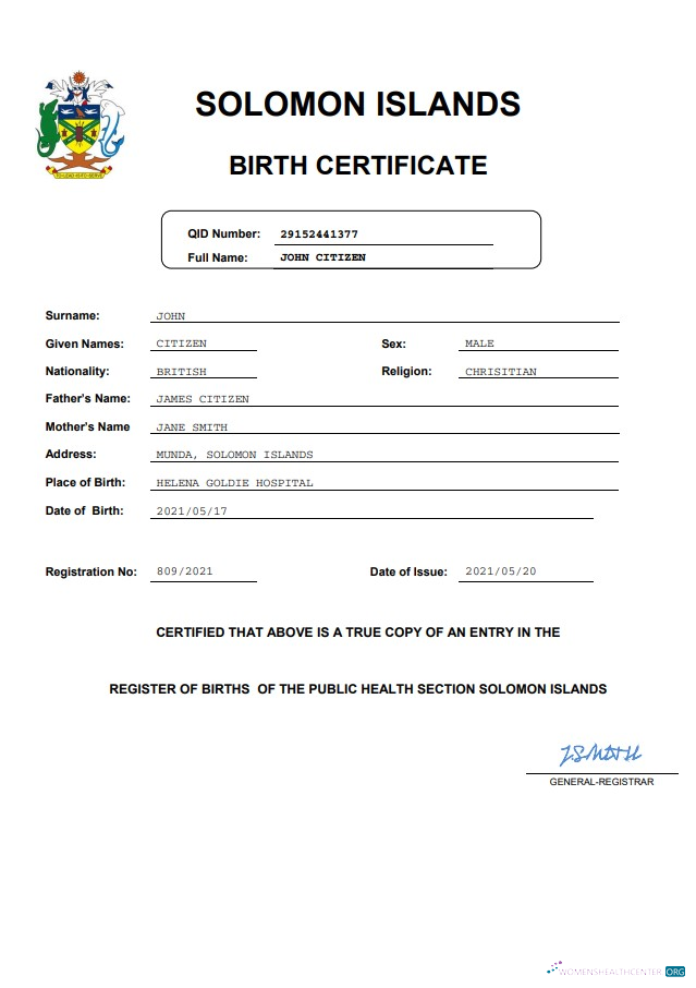 Download Solomon Islands vital record birth certificate Word and PDF template Photoshop template